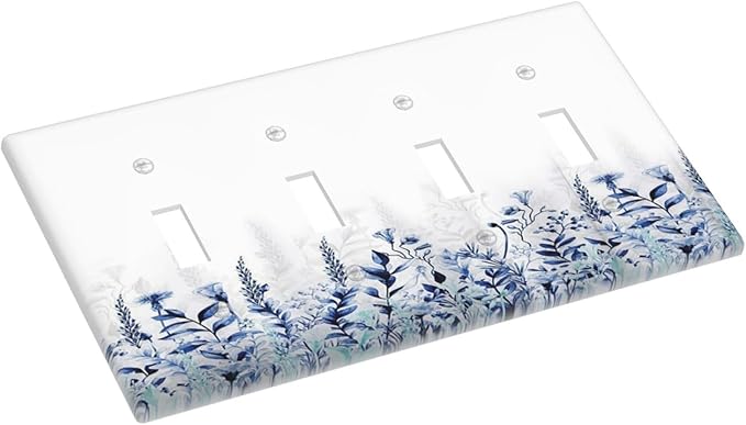 Decorative Light Switch Cover Plate Rustic Blue Plants Wildflowers Boho Leaves 4 Gang Wall Plate Switch Plate Covers Quad Toggle Jumbo Electrical Faceplate for Country Bedroom Decor