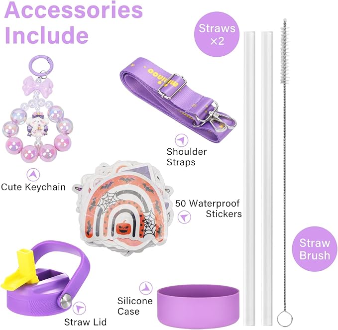 Mininoo Insulated Stainless Steel Kids Water Bottle for School with Straw Lid & Strap, 50 Stickers, 18 oz(Purple/Yellow)
