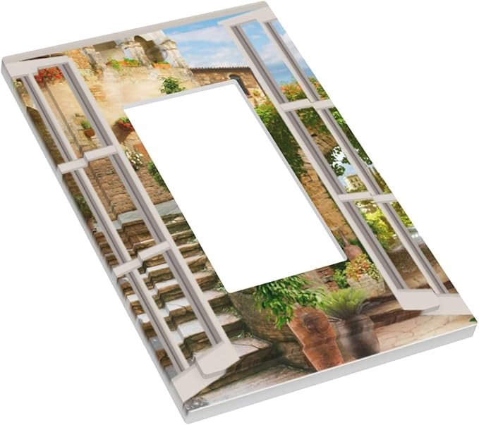 Mediterranean Greece Scene Flowers 1 Gang Light Switch Cover Single Rocker/Gfci Device Decorative Wall Plate Standard Size Receptacle Italian Town from Another Window Outlet Cover Plates Art Decor