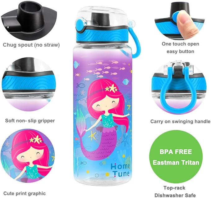 Home Tune Cute Water Bottle for School Kids Girls, BPA FREE Tritan & Leak Proof & Easy Clean & Carry Handle, 23oz/ 680ml (Mermaid 2)