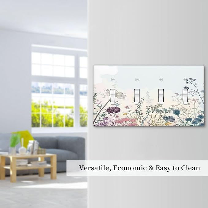 Colorful Wildflower Watercolor Dandelion Floral Light Switch Covers Quad Toggle Electrical Faceplate 4 Gang Wall Plate Decorative Switch Plates For Cabin Home Decor