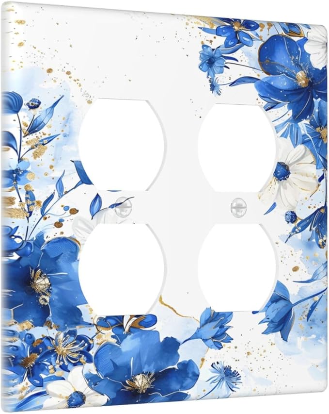 Klein Blue Flowers Watercolor Golden White Floral Outlet Covers 2 Gang Double Duplex Decorative Light Switch Covers Electrical Wallplates Socket Faceplate for Bedroom Living Room Decor