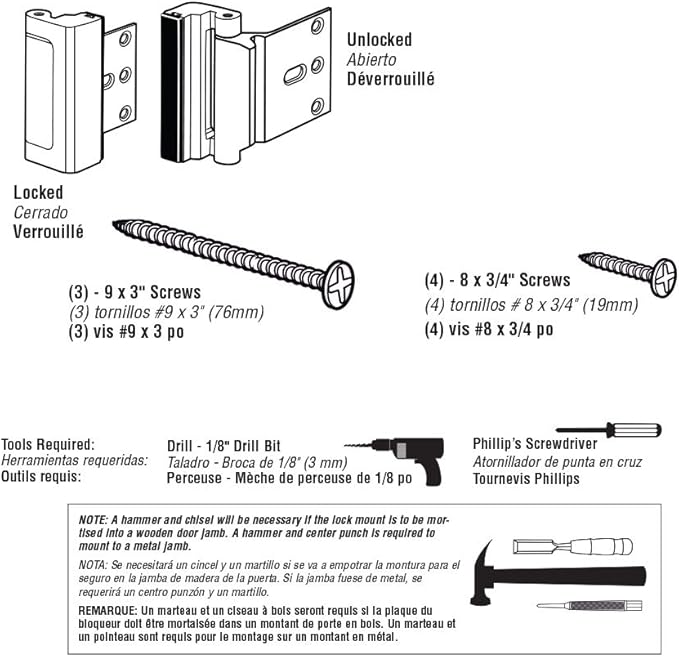 Prime-Line U 11442 Door Reinforcement Lock – Add Extra, High Security to your Home and Prevent Unauthorized Entry – 3” Stop, Aluminum Construction, Polished Brass (Single Pack)