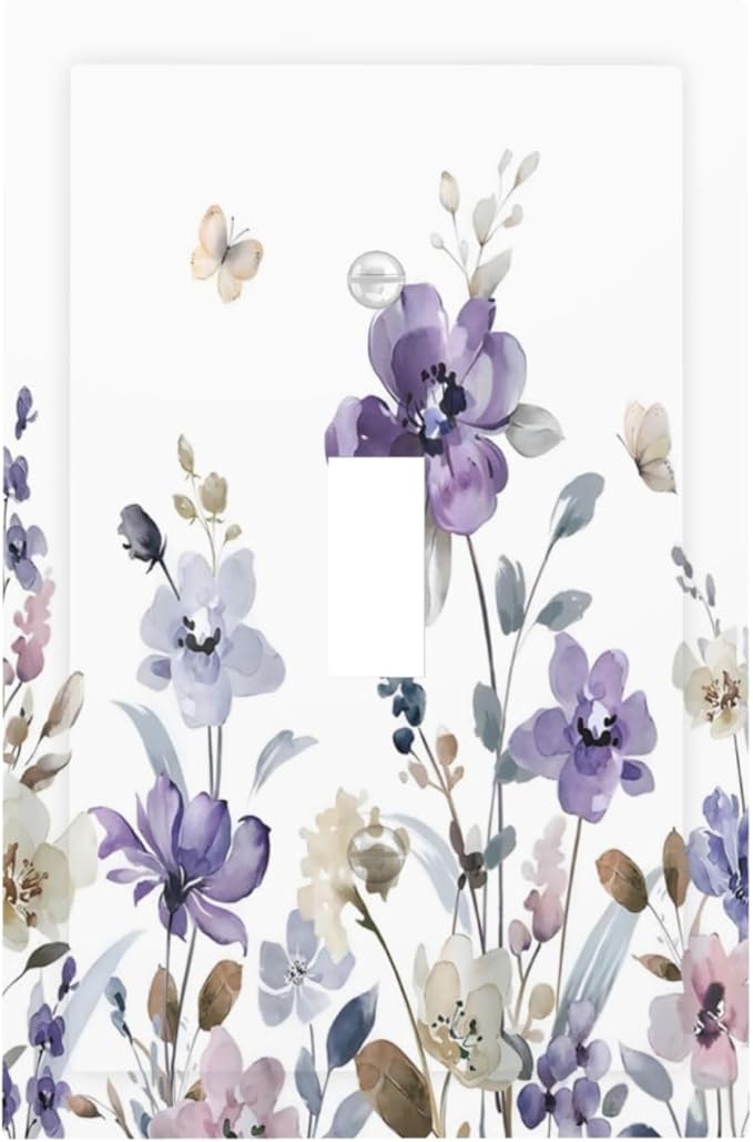 Purple Watercolor Flower Floral Butterfly Decorative Light Switch Cover 1 Gang Single Toggle Device Electrical Faceplate Switchplates Decorator Outlet Wall Plate for Bedroom Living Room Decor
