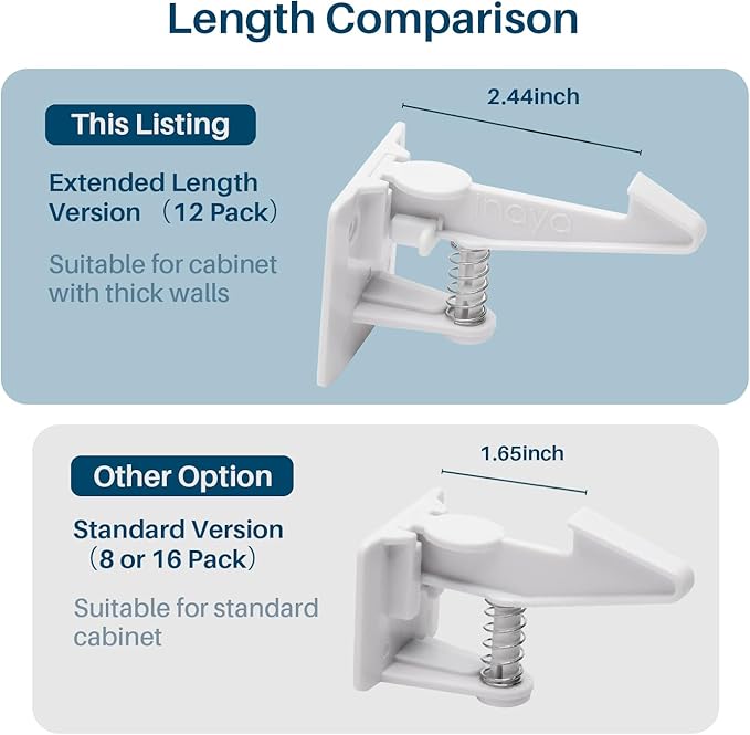 Inaya Cabinet Locks Child Safety Latches (Pro Extended) - Baby Proofing Cabinets & Drawers Locks - Child Proof Your Home - No Drilling & No Tools Required! (12 Pack)