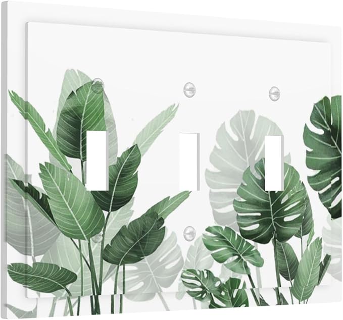 Decorative Switch Plates Boho Tropical Plant Natural Palm Leaf 3 Gang Wall Plate Triple Toggle Light Switch Cover Faceplate Electrical Wall Panels For Bed Room Living Room Decor