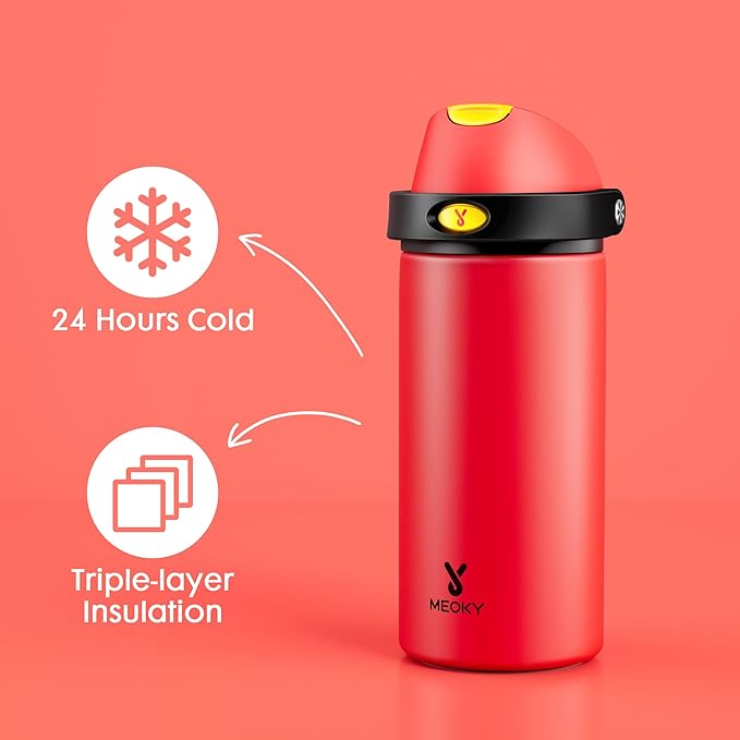18 oz Kids Water Bottle for Sports: Meoky 18 oz Stainless Steel Insulated Water Bottle with 2-in-1 Straw and Spout Lid - Leak Proof, Cold for 24 Hours, BPA-Free for Teens Boys Girls, Heroic Red