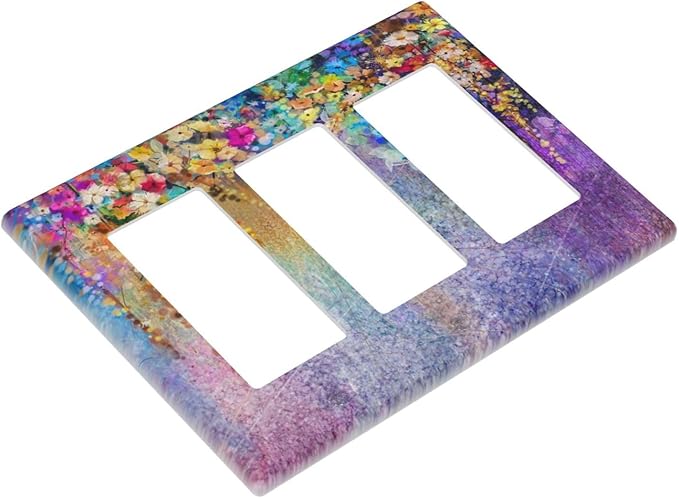 Colorful Floral Watercolor Flower 3 Gang Rocker Light Switch Plate Purple Triple Decora Outlet Wall Plate Cover Faceplate Decorative Switchcovers GFCI for Farmhouse Bathroom Bedroom Decorate