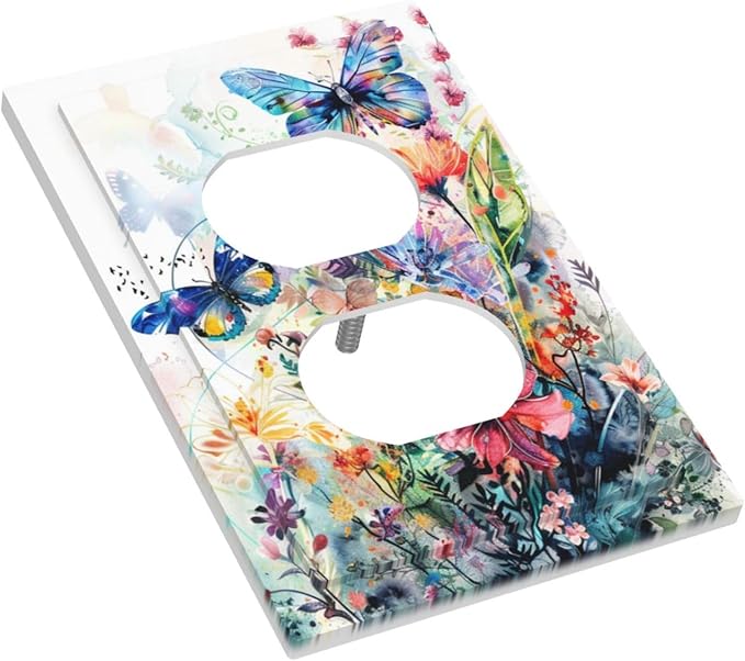 Decorative Outlet Covers Watercolor Colorful Floral Butterflies Wildflowers 1 Gang Duplex Light Switch Cover Plate Electrical Switch plates Wall Plates Receptacle Covers for Bathroom Bedroom