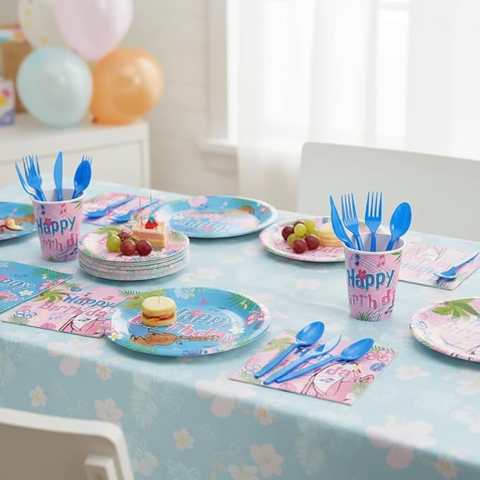 Cute Blue-Pink Cartoon Themed Party Supplies for kids Birthday Party Decorations Disposable Tableware Set With Plates,Cups, Napkins,Knives,Forks,Spoons,Perfect for 24 Guests