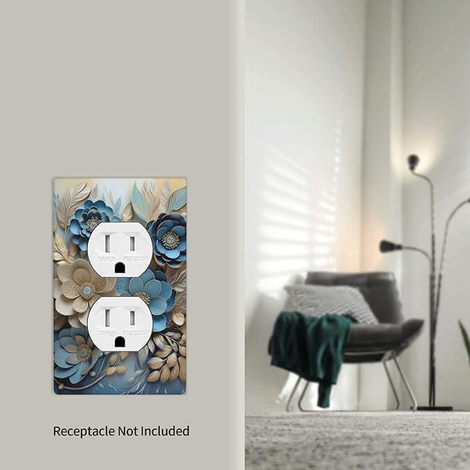 Decorative Art Light Switch Covers Blue and Creamy Floral 1 Gang Single Duplex Outlet Wall Plate Switchplate Electrical Faceplate for Home Decor