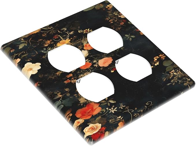 Vintage Orange Pink Black Roses Floral Flower Outlet Covers 2 Gang Double Duplex Decorative Light Switch Covers Electrical Wallplates Socket Faceplate for Farmhouse Bedroom Decor