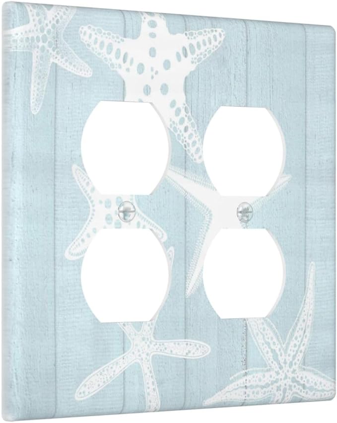Beach Starfish Vintage Wood Rustic Country Ocean Outlet Covers 2 Gang Double Duplex Decorative Light Switch Covers Electrical Wallplates Socket Faceplate for Farmhouse Kids Room Decor