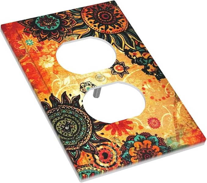Red Orange Boho Bohemian Flower Floral 1 Gang Receptacle Wall Plate Duplex Outlet Covers Decorative Single Device Switchplate Face Wallplate Bedroom Decorate