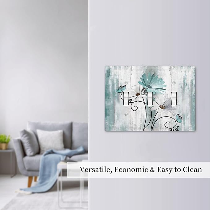 Teal Daisy Vintage Flower Butterfly Rustic Wood Print Decorative Switch Plates 3 Gang Wall Plate Triple Toggle Light Switch Cover Faceplate Electrical Wall Panels for Farmhouse Home Decor