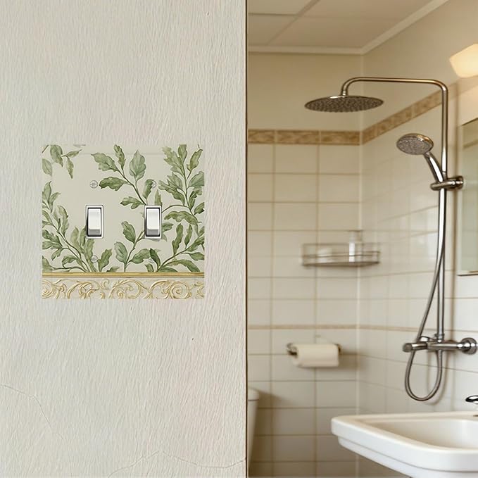 Soft Green Botanical Scroll Double Toggle Switch Cover - 2-Gang Standard US Size Regency Style Leafy Vine Design Light Switch Covers for Bedroom Living Room Decor
