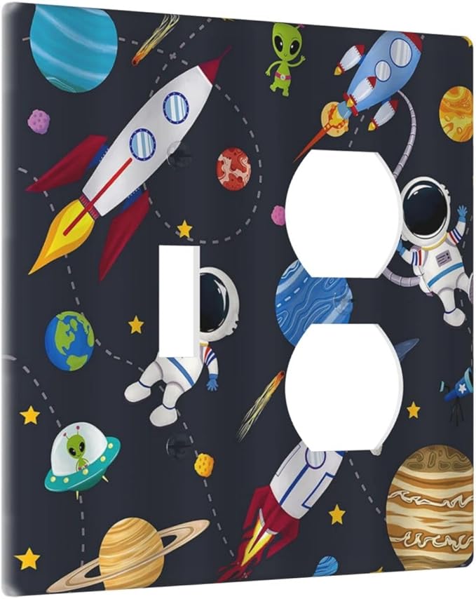 Outlet Covers Tropical Plant Green Palmrocket Planets Astronaut Blue Decorative 2 Gang Combin 1 Toggle/1 Duplex Light Switch Cover Gfci Wall Plate Electrical Receptacle Switchplate Decor