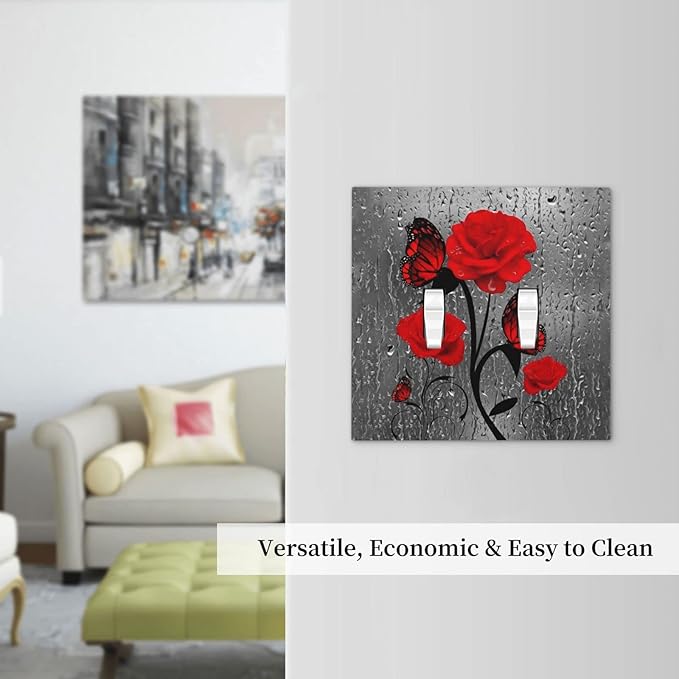 Butterfly Red Rose Flower 2 Gang Double Toggle Light Switch Cover Decorative Valentine's Day Wall Plate Faceplate Girls Water Red Rose Floral Bathroom Home Living Room Decor 5" x 4.9 Standard size