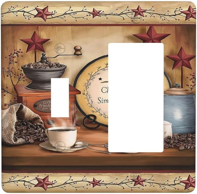 Retro Kitchen Western Cabin Coffee 2 Gang Combination 1-Toggle 1-Decorator/Gfci Device Wall Plates Old Country Life Texas Star One Rocker with Toggle Combo Light Switch Plates and Socket Outlet Covers