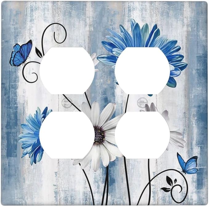 Decorative Outlet Covers Rustic Teal Blue Daisy Floral Farmhouse 2 Gang Double Duplex Light Switch Cover Wall Plates Electrical Socket Cover Art Faceplate for Bathroom Bedroom Decor