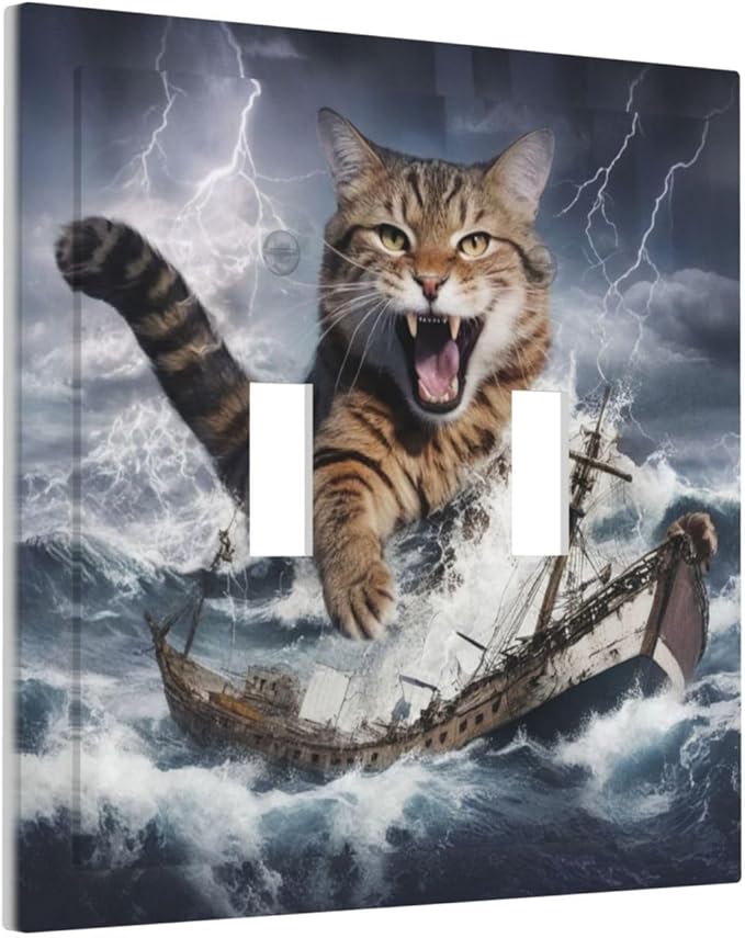 Decorative Light Switch Plate Covers Funny Cat Sea Ship Ocean Billow Wave Novelty 2 Gang Wall Plate Double Toggle Switch Cover Plate Electric Dual Device Electrical Faceplate
