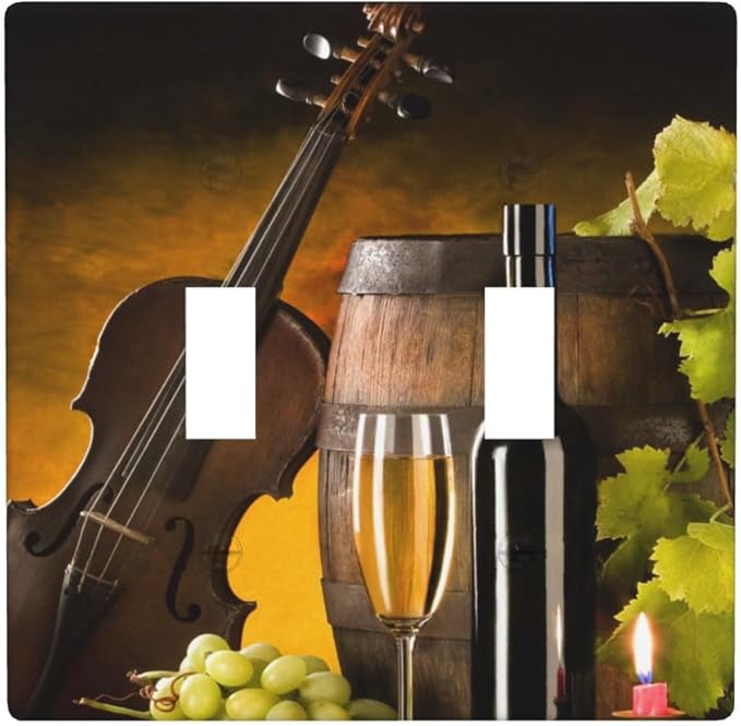 Grape Wine Violin 2-Gang Double Toggle Switch Plate, Still Life Painting Wall Plate for Dining Room, Kitchen, Wine Corner & Home