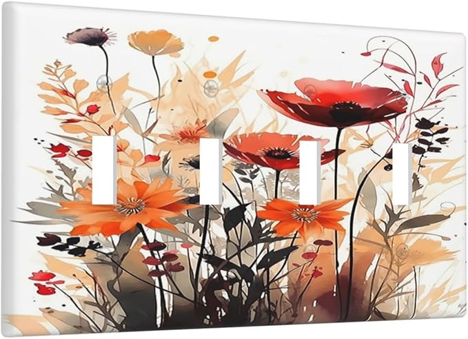 Light Switch Covers Country Watercolor Flowers Art Wildflower Quad Toggle 4 Gang Wall Plate Electrical Faceplate Decorative Switch Plates for Bedroom Cabin Decor