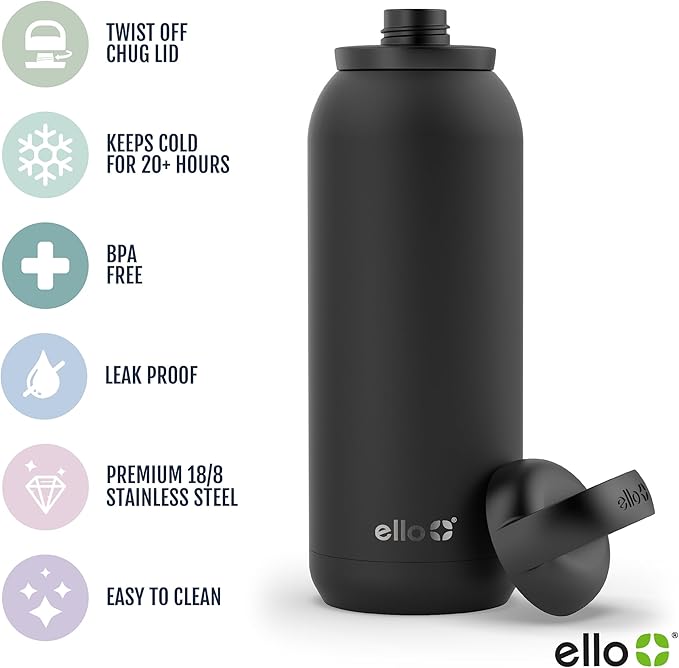 Ello Cooper Twist 40oz Stainless Steel Water Bottle with Chug Lid | Leak Proof | Double Walled and Vacuum Insulated | Built in Carry Loop | Dishwasher Safe | Yucca