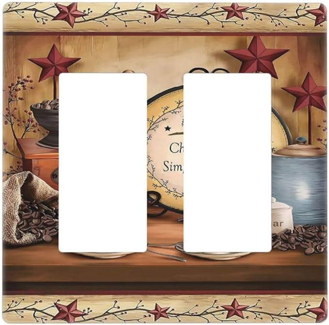 Decorative Kitchen Country Life 2 Gang Decorator GFCI Wall Plate, Lodge Texas Star Coffee Electrical Outlet Receptacle Light Switch Cover Double Rocker for Dimmer, (Hotel Cottage Clock Cafe Theme)
