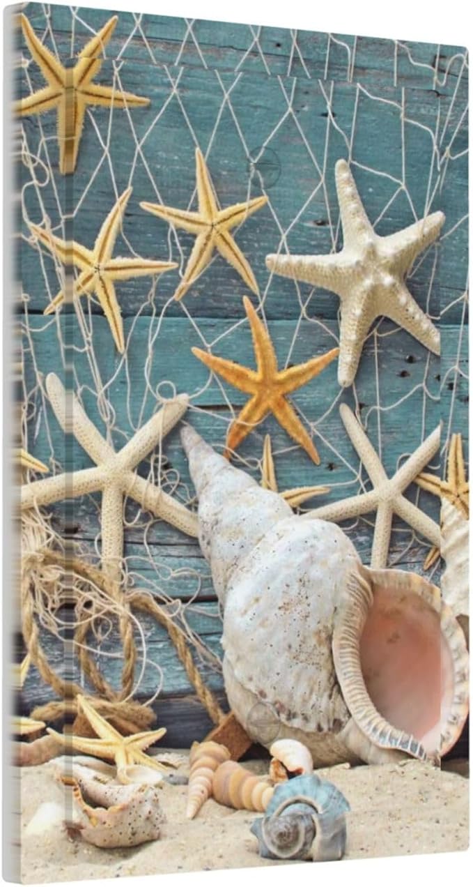 Nautical Beach Starfish Teal Wood 1 Gang No Device Wall Plate Decorative Blank Light Switch Cover Switchplate Electrical Faceplate for Bathroom Home Bedroom Art Decor