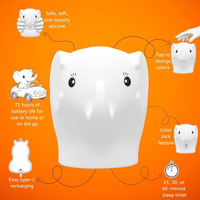 LumiPets Eggbert the Elephant Squishy Night Light for Kids | Silicone Nightlight with Tap, Remote Control | Rechargeable Color Changing Animal Light for Girls & Boys | Portable Mood Lamp With USB Cord