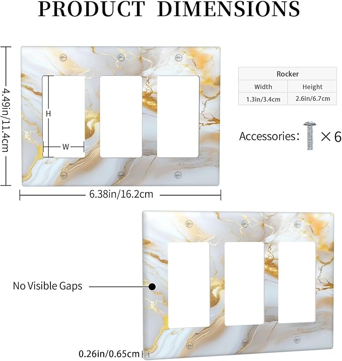 Decorative Light Switch Plate Abstract Gold Marble Design with White & Gold 3 Gang Outlet Covers Triple Rocker Wall Plate Switch Plate Cover for Modern Luxurious Decor