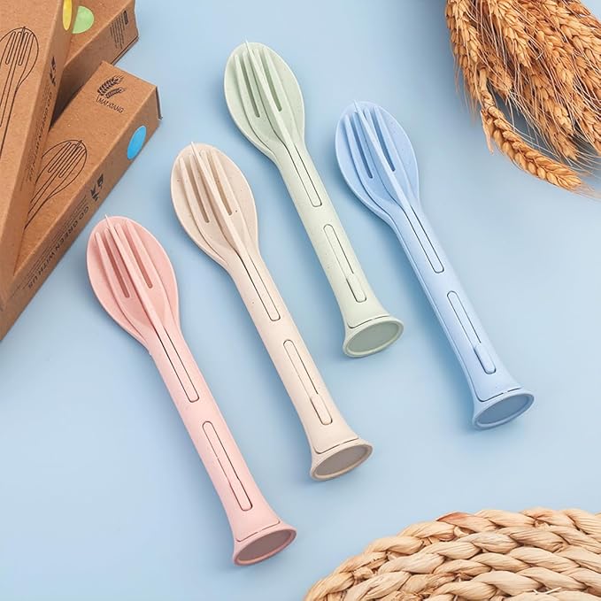 3PCS Wheat Straw Cutlery, Reusable Utensils Set Portable Travel 3 in 1 Spoon Fork Knife Tableware, Eco-Friendly, BPA Free, Flatware for Kids Adults, Travel Picnic Camping (Pink)