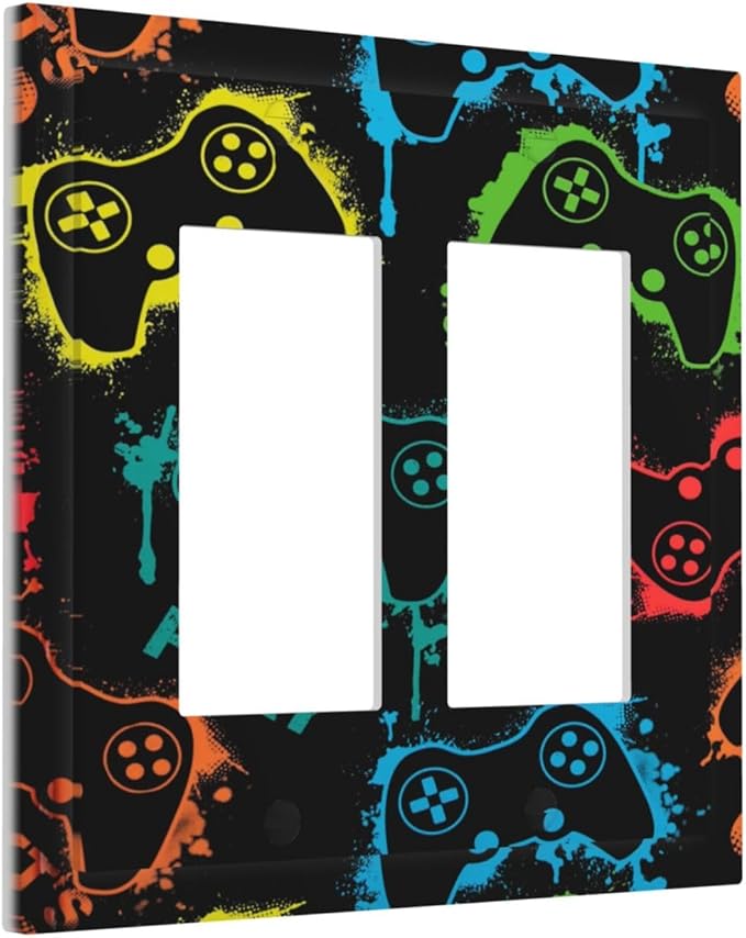 Gaming Hippie Gamer Modern Gamepad Colorful Graffiti Decorative Outlet Covers 2 Gang Double GFCI Rocker Electrical Wall Panels Light Switch Cover Plate for Kids Room Nursery Decor