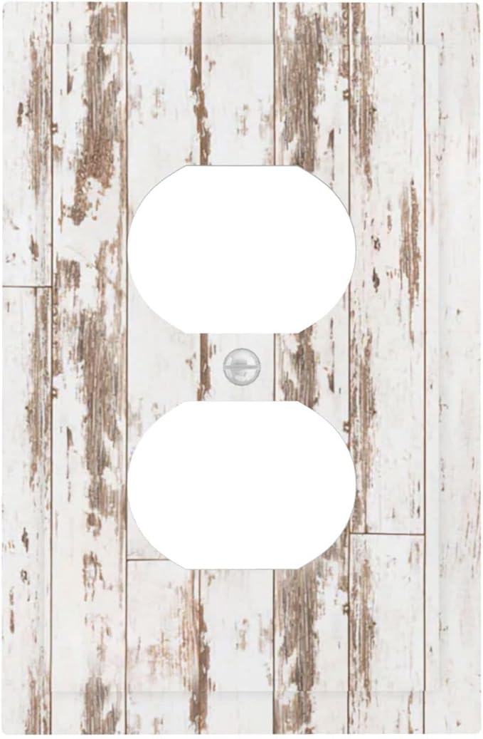 Rustic Country White Brown Wood 1 Gang Outlet Covers Duplex Receptacle Device Plug Socket Wall Plate Decorative Electrical Faceplate Switchplates Cabin Barn Old Fashion Retro Style Bedroom Decorate
