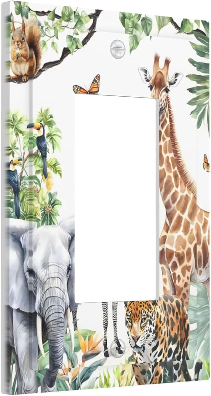 Elephant Giraffe Jungle Animals Leopard Zoo Decorative Outlet Covers 1 Gang Single Rocker Light Switch Cover Plate Wall Plates GFCI Faceplate for Kids Room Nursery Decor