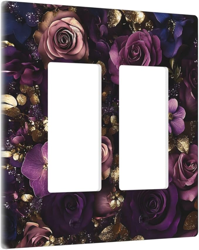 Decorative Outlet Covers with Luxurious Purple Roses Gold Accents Leaves Design 2 Gang Wall Plate Double Rocker Light Switch Cover Switch Plate Cover for Romantic Bedroom/Living Room Decor