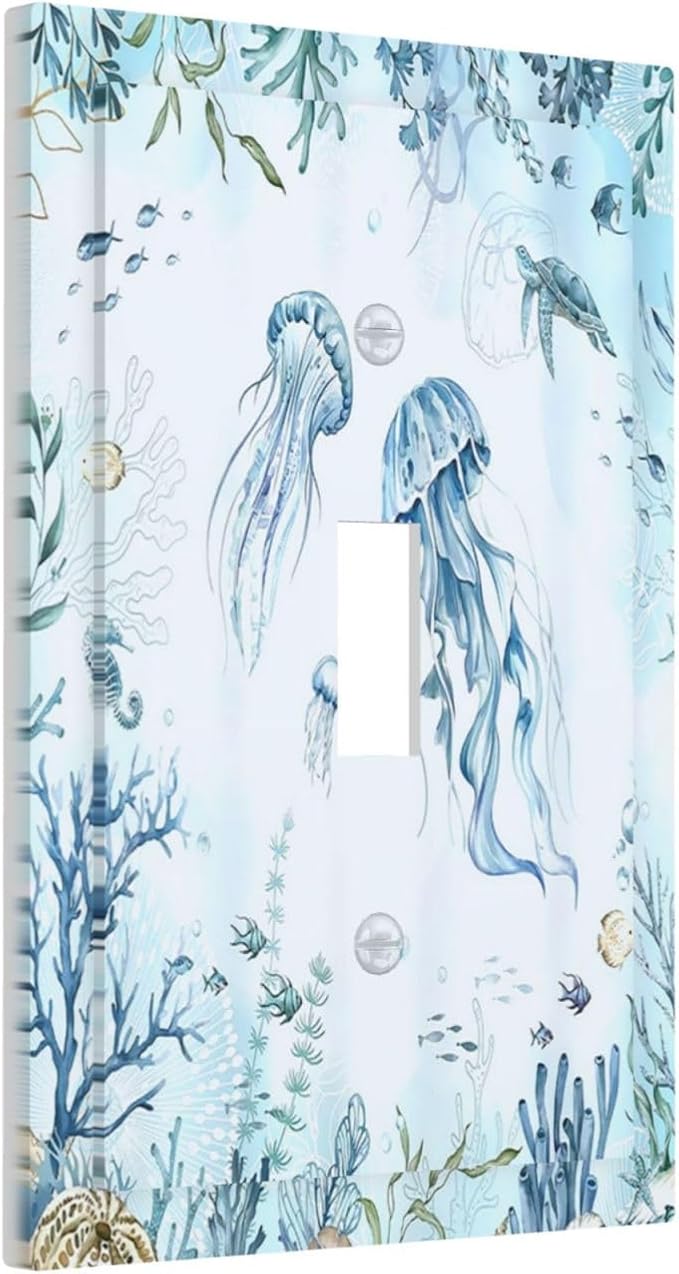 Decorative Light Switch Cover Jellyfish Teal Blue Ocean Turtle Coastal Beach 1 Gang Single Toggle Decorator Outlet Wall Plate Device Electrical Faceplate Switchplates for Bedroom