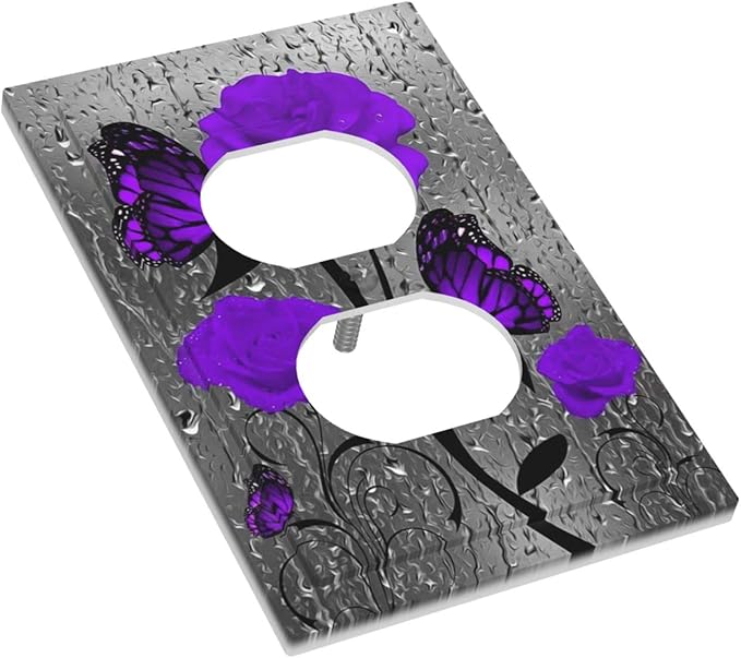 Purple Rose Butterfly Flower 1 Gang Electrical Outlet Cover Single Duplex Receptacle Jumbo Plug Wall Plate Lovers/Valentine's Day Sliver Grey Butterfly Purple Floral Room Decor Accessories Faceplate