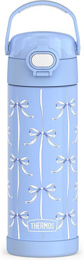 THERMOS FUNTAINER 16 Ounce Stainless Steel Vacuum Insulated Bottle with Wide Spout Lid, Blue Bows