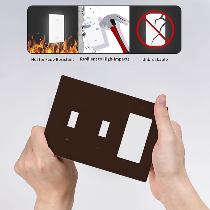 Decorative Coffee Brown 3 Gang 2 Toggle 1 GFCI/Decorator Combination Light Switch Cover, Modern Solid Dark/Light Brown Triple Combo Toggle/Rocker Electrical Outlet Switches and Face Wall Plate Cover