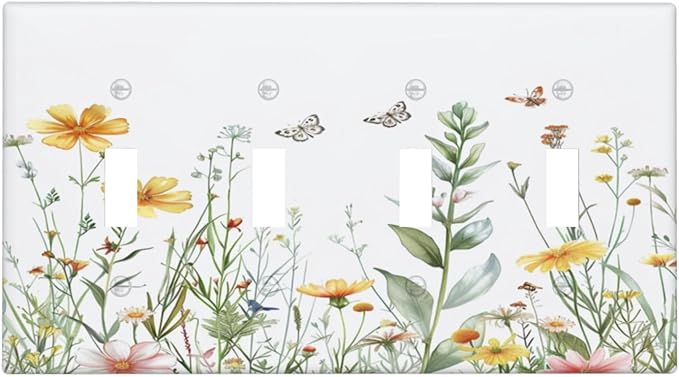 Light Switch Cover Plate Rustic Colorful Floral Butterfly Watercolor Flowers 4 Gang Quad Toggle Decorative Switch Plates Wall Panels Electrical Wall Plates Faceplate for Bathroom Bedroom Decor