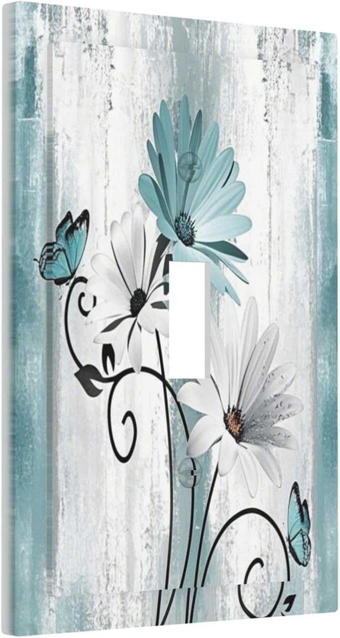 Light Switch Cover Plate Teal Daisy Floral Butterfly Vintage Wood 1 Gang Single Toggle Decorative Switch Plates Wall Plates Electrical Faceplate Socket Covers for Bathroom Bedroom Decor