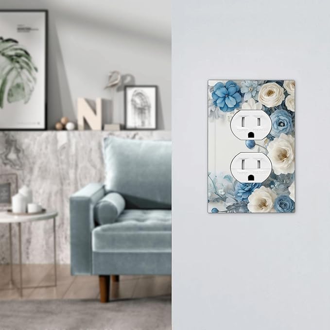 Decorative Outlet Covers Blue Rose White Flowers Rustic Floral 1 Gang Duplex Light Switch Cover Plate Wall Plates for Electrical Outlets Electrical Switchplate Face Plate