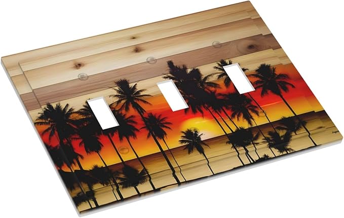 Sunset Beach Coconut Palm Tree Wooden Background Decorative Switch Plates 3 Gang Wall Plate Triple Toggle Light Switch Cover Faceplate Electrical Wall Panels for Bedroom Living Room Decor