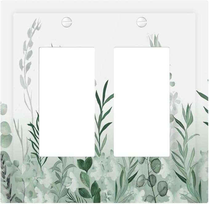 Watercolor Green Leaf Rustic Plant Eucalyptus Flowers Decorative Outlet Covers 2 Gang Double GFCI Rocker Electrical Wall Panels Light Switch Cover Plate for Bed Room Living Room Decor