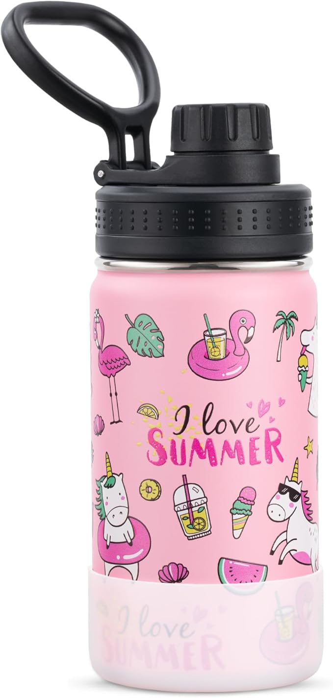 12 oz Water Bottle Stainless Steel Double Wall Vacuum Insulated Water Bottle for Girls, Reusable Metal Water Flask BPA Free - Flamingo Pink