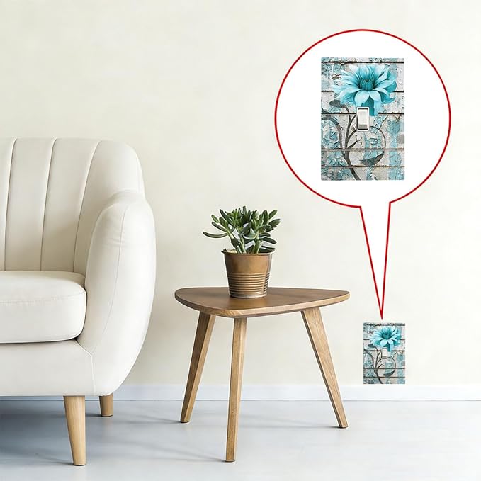 Vintage Floral 1-Gang Toggle Light Switch Plate, Rustic Farmhouse Teal Flower Distressed Brick Decorative Wall Plate for Bedroom Bathroom Decor