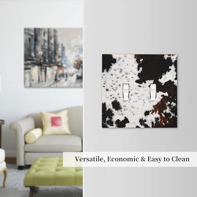 Decorative 2 Gang Double Toggle Light Switch Cover Western Black White Brown Cow Highland Cowhide Wild Animal Fur Skin Spots Cheetah Leopard Print Wall Plate Electrical Dual Device Switch Face Plate