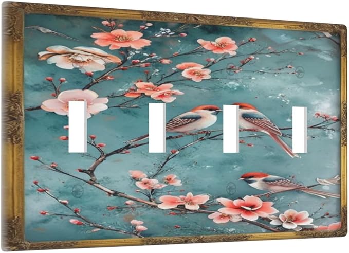 Decorative Art Light Switch Covers Birds on Branches Quad Toggle 4 Gang Wall Plate Switch plate Electrical Faceplate for Home Decor